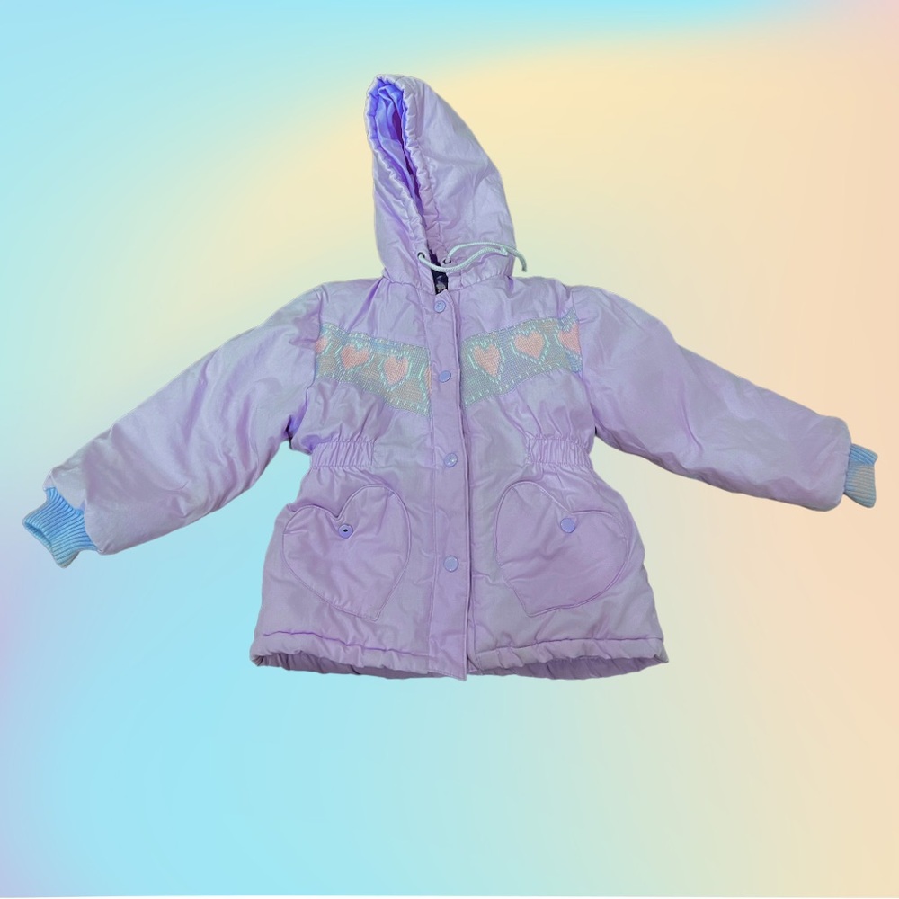VTG 90's OUTERSTUFF Purple Double Layer Heart Knit Hooded Jacket w/ Pockets Sz 6